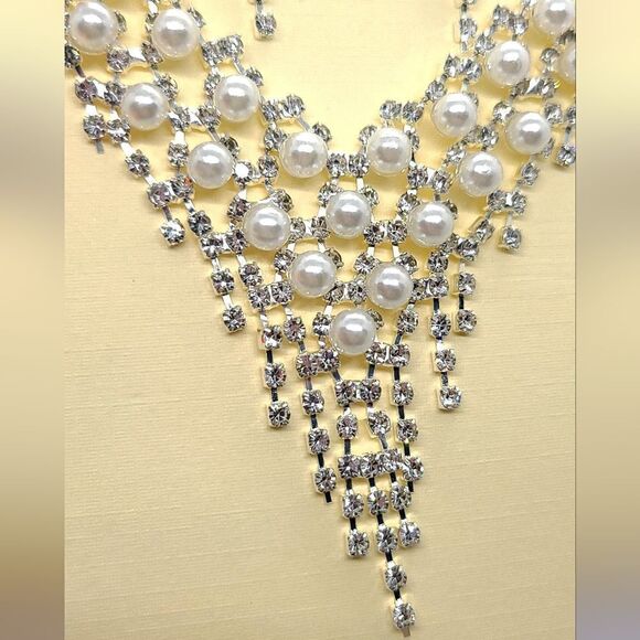 Fancy Rhinestone Pearl Jewelry Set Dangle Earrings Classic Wedding Bridal Bride - Picture 8 of 11